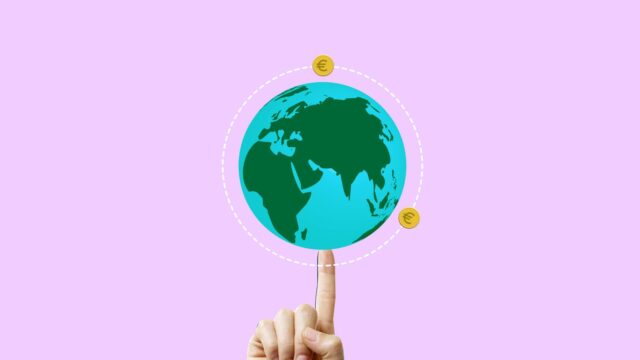 person pointing at an earth icon